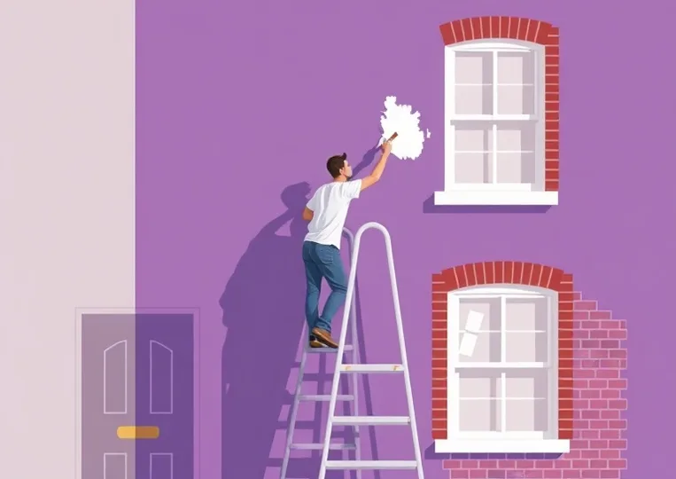 Peintre sur échafaudage traitant la façade d'une maison